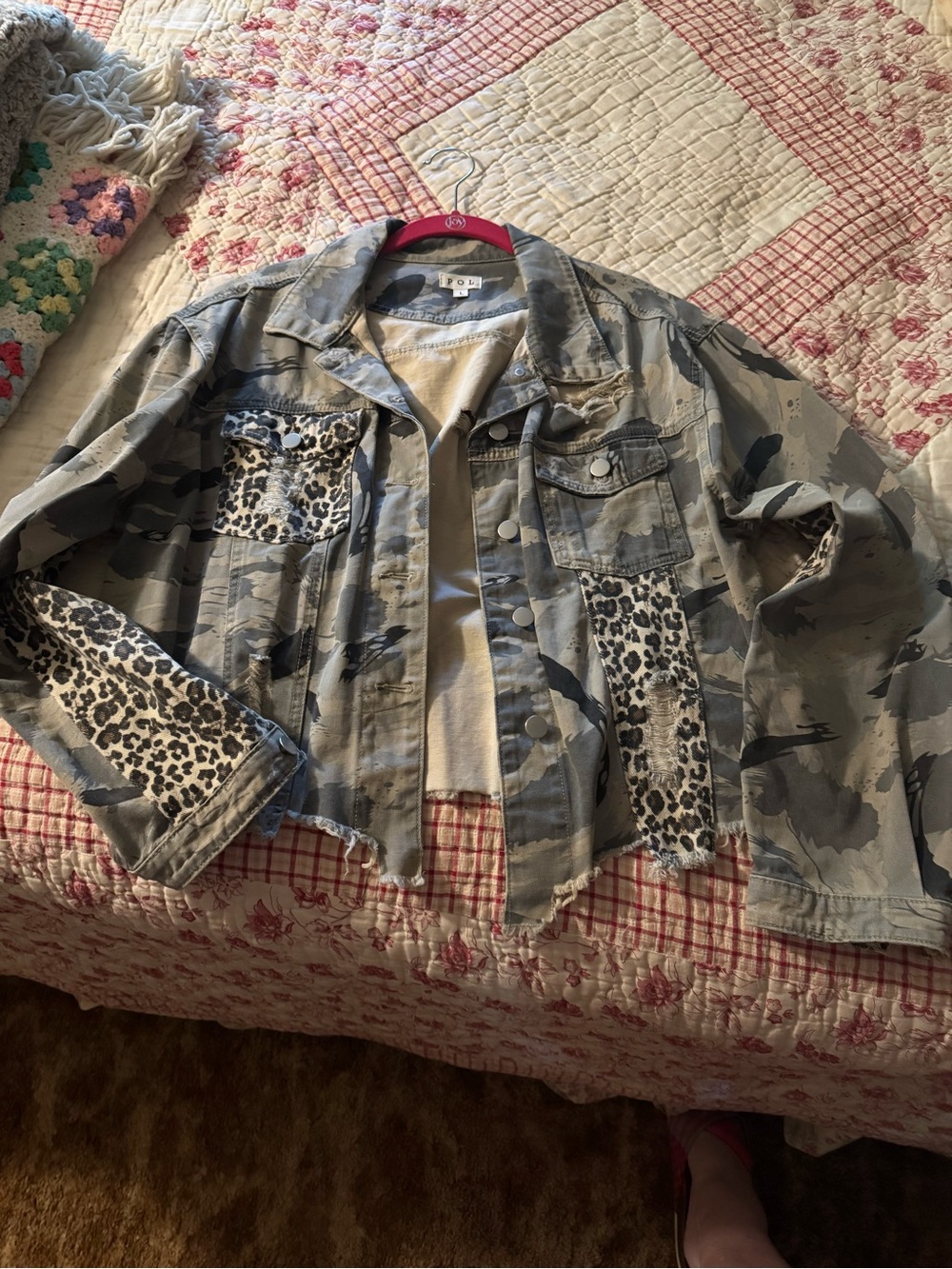 POL Women's Gray Camo Denim Jacket with Leopard Patchwork